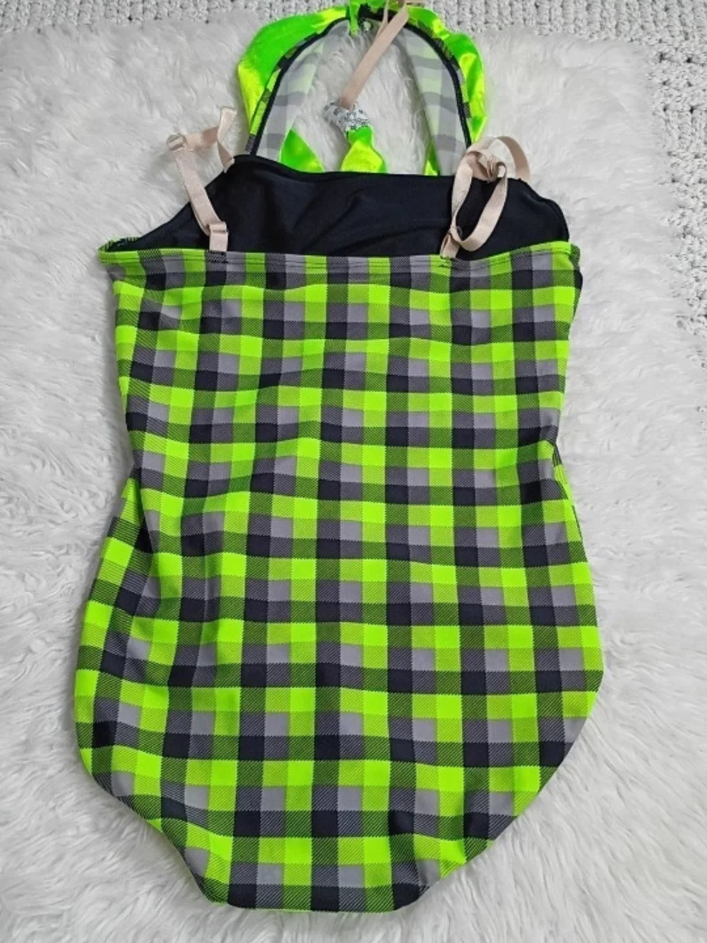 Weissman Neon Lime Green Plaid Halter Leotard Dancewear Costume, Child Medium